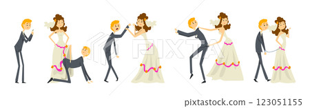 Funny Couple of Newlyweds with Weak Henpecked Groom Dominated by Bride Vector Set Funny Couple of Newlyweds with Weak Henpecked Groom Dominated by Bride Vector Set 123051155