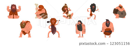 Stone Age Bearded Man Character with Barefoot Vector Set 123051156
