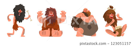Stone Age Bearded Man Character with Barefoot Vector Set 123051157