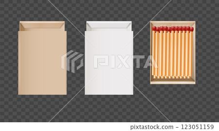 Matchbox, empty package for match sticks in top and perspective view. Realistic mockup of 3d blank box. Stages of burning the match. Symbol of ignition burning. Vector 123051159