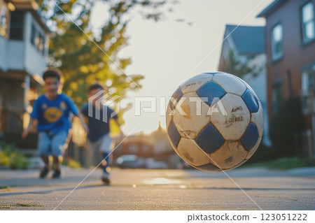 Children playing soccer in a residential neighborhood at sunset 123051222