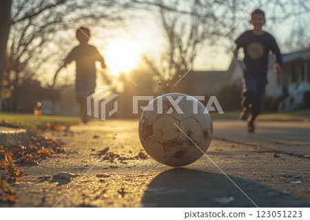 Children running after soccer ball on suburban street at sunset 123051223