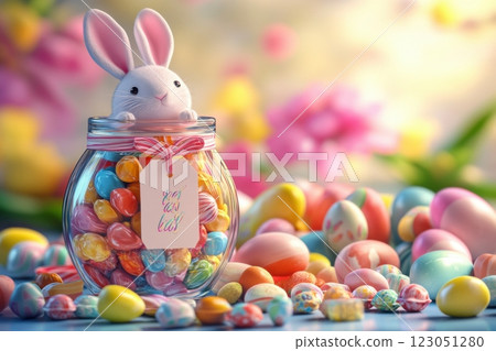 Easter bunny peeking out of jar filled with colorful candies and chocolate eggs 123051280