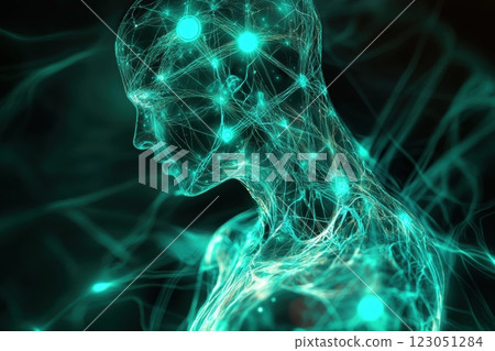 Artificial intelligence, human body showing neural network glowing in cyan 123051284