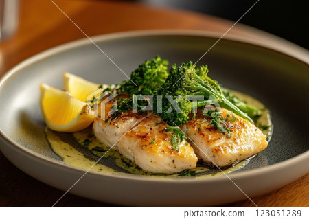 Grilled fish fillet with broccoli and lemon, elegant food photography Grilled fish fillet with broccoli and lemon, elegant food photography 123051289