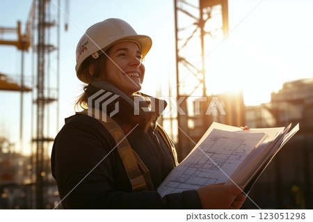 Female architect smiling at a construction site Female architect smiling at a construction site 123051298