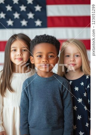 Diverse group of children standing against flag 123051299