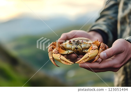 Fisherman holding freshly caught crab at sunset Fisherman holding freshly caught crab at sunset 123051494