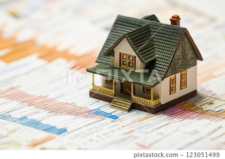 Miniature house sitting on fluctuating housing market chart Miniature house sitting on fluctuating housing market chart 123051499