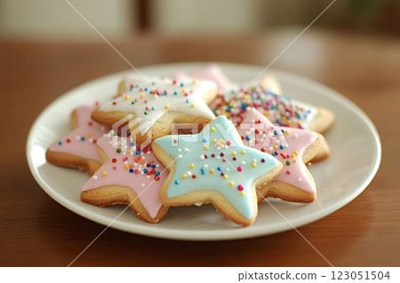 Star shaped sugar cookies decorated with colorful sprinkles on white plate Star shaped sugar cookies decorated with colorful sprinkles on white plate 123051504