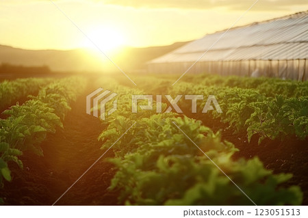Rows of crops growing on farm at sunset near greenhouse 123051513