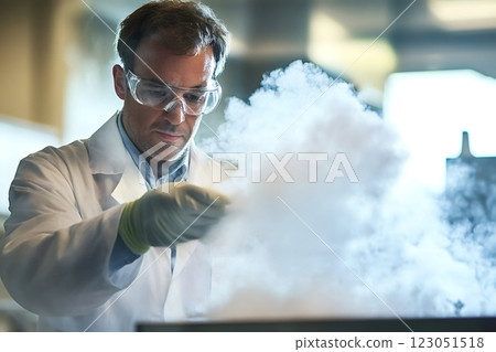 Scientist wearing protective gear handling liquid nitrogen in laboratory 123051518