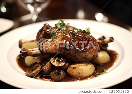 Roasted chicken legs with potatoes and mushrooms on elegant white plate Roasted chicken legs with potatoes and mushrooms on elegant white plate 123051530