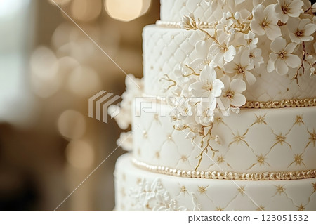 Delicious white wedding cake decorated with golden flowers and bokeh background Delicious white wedding cake decorated with golden flowers and bokeh background 123051532