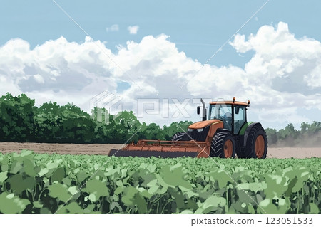 Farmer cultivating field with tractor on sunny day 123051533