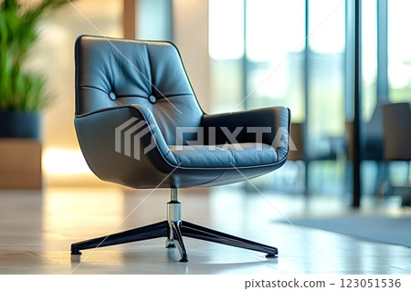 Modern swivel leather armchair in office lobby setting Modern swivel leather armchair in office lobby setting 123051536