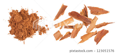 Cinnamon powder sticks crushed isolated on white background. Aromatic spice Cinnamon powder sticks crushed isolated on white background. Aromatic spice 123051576