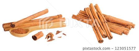 Cinnamon sticks with powder in wooden spoon isolated on white background with full depth of field Cinnamon sticks with powder in wooden spoon isolated on white background with full depth of field 123051577