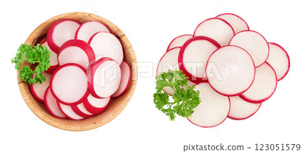 Radish slices in wooden bowl isolated on white background. Top view. Flat lay Radish slices in wooden bowl isolated on white background. Top view. Flat lay 123051579