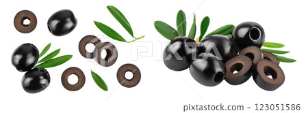 Black olives with leaves isolated on a white background with full depth of field. Top view. Flat lay Black olives with leaves isolated on a white background with full depth of field. Top view. Flat lay 123051586