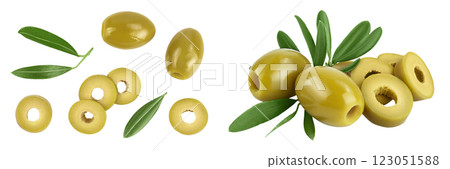 Green olives with leaves isolated on a white background with full depth of field. Top view. Flat lay Green olives with leaves isolated on a white background with full depth of field. Top view. Flat lay 123051588