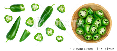 jalapeno peppers in wooden bowl isolated on white background. Green chili pepper . Top view. Flat lay 123051606