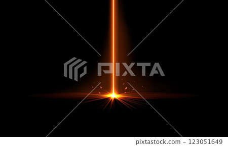 Orange laser beam with shiny sparkles, glowing neon light laser ray from explosion burst energy effect, vector spotlight 123051649