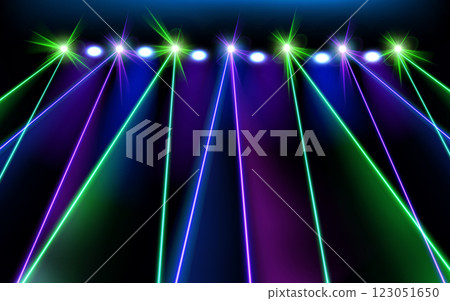 Laser light show, bright led laser beams, illuminated neon blue purple green rays stage, vector led strobe lights disco Laser light show, bright led laser beams, illuminated neon blue purple green rays stage, vector led strobe lights disco 123051650