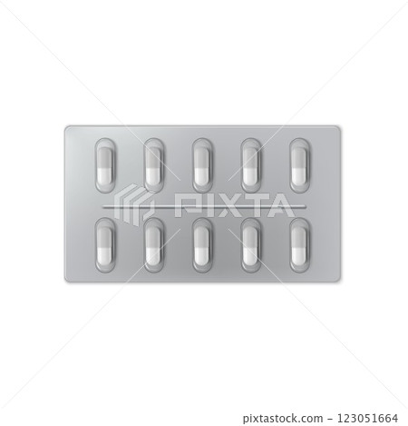 Pills blister pack, 3D vector metallic package for capsules medicament, medicine drugs for illness and pain treatment 123051664