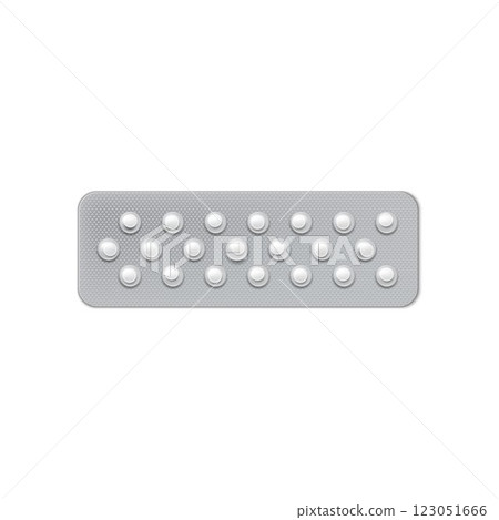 Round pills in blister pack 3D vector icon, realistic transparent package containing small white tablets, medicine drugs 123051666