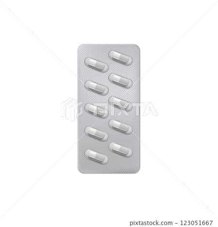 Pills blister pack 3D vector illustration, realistic metallic package for capsules medicament, medicine drugs mock up 123051667
