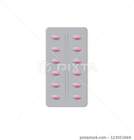 Pills blister pack 3D vector icon, realistic transparent package containing pink oval tablets, medicine drugs mock up 123051669