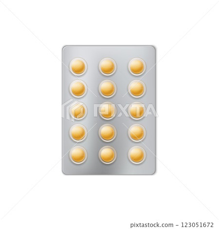 Vector illustration of blister with yellow round pills in three rows. 123051672