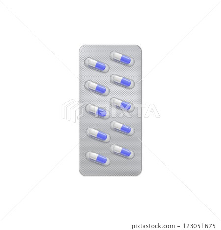 Pills blister pack 3D vector illustration, realistic metallic package for blue and white colors capsules medicine drugs Pills blister pack 3D vector illustration, realistic metallic package for blue and white colors capsules medicine drugs 123051675
