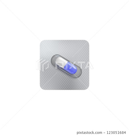 Single pill blister pack 3D vector icon, realistic metallic package for blue and white capsule medicine drug mock up 123051684