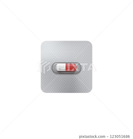 Single pill blister pack 3D vector mock up, realistic metallic package for red and white color capsule medicine drug 123051686