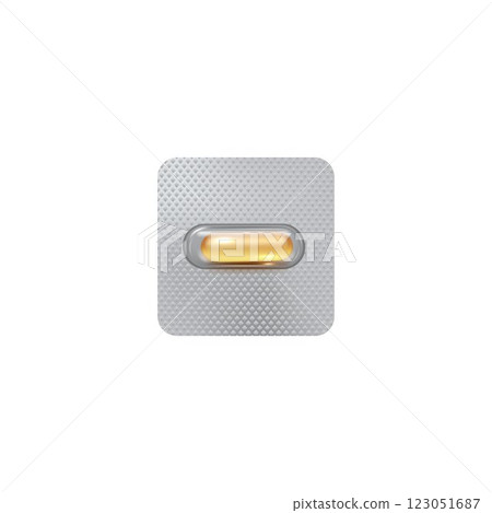 Blister of single pill. Vector illustration of yellow capsule in single package. 123051687