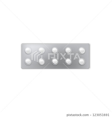 Pills blister pack 3D vector icon, realistic transparent package containing round white tablets, medicine drugs mock up Pills blister pack 3D vector icon, realistic transparent package containing round white tablets, medicine drugs mock up 123051691