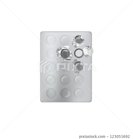 Vector illustration of foil pill packaging with closed and open cells. Vector illustration of foil pill packaging with closed and open cells. 123051692