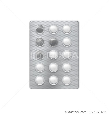 Pills blister pack 3D vector icon, transparent package containing round white tablets, four empty dosage, medicine drugs Pills blister pack 3D vector icon, transparent package containing round white tablets, four empty dosage, medicine drugs 123051693