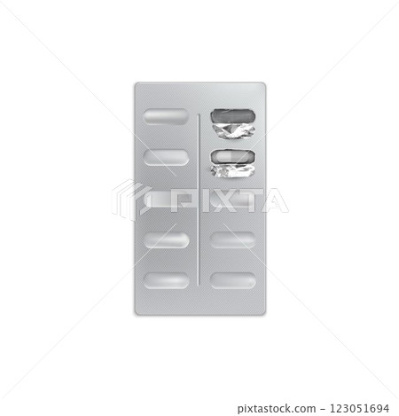 Pills blister pack with two opened dosage, 3D vector metallic tablet drugs or capsules medicine package, pharmaceutical Pills blister pack with two opened dosage, 3D vector metallic tablet drugs or capsules medicine package, pharmaceutical 123051694