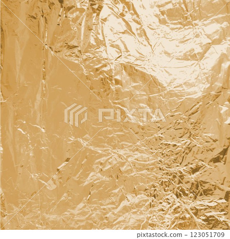 Golden foil wrinkled vector texture, realistic aluminum orange paper sheet, crumpled metallic background glister surface 123051709