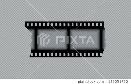 Old photo or film strip torn piece, vector vintage black cinematic frame on transparent background, scratched video tape 123051750