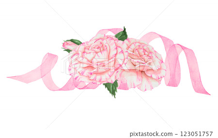Watercolor pink roses with a flowing ribbon in a romantic floral arrangement. Isolated clip art, perfect for wedding invitations, greeting cards, romantic designs and botanical decorations 123051757