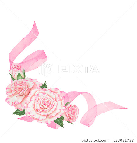 Elegant watercolor pink rose and green leaves floral arrangement with curled ribbon. Isolated clip art, perfect for wedding invitations, greeting cards, romantic designs and botanical decorations Elegant watercolor pink rose and green leaves floral arrangement with curled ribbon. Isolated clip art, perfect for wedding invitations, greeting cards, romantic designs and botanical decorations 123051758