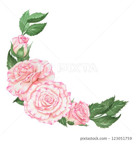 Watercolor illustration of a pink rose floral arrangement in a crescent shape with green leaves. Ideal for wedding decor, elegant floral designs, romantic compositions and botanical projects. Watercolor illustration of a pink rose floral arrangement in a crescent shape with green leaves. Ideal for wedding decor, elegant floral designs, romantic compositions and botanical projects. 123051759