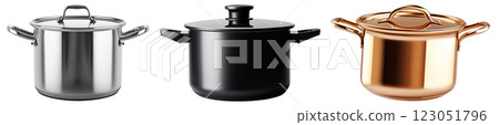 Black, white and golden non-stick cooking pot with lid isolated on a transparent background. Modern matte black stockpot with two ergonomic handles. 123051796