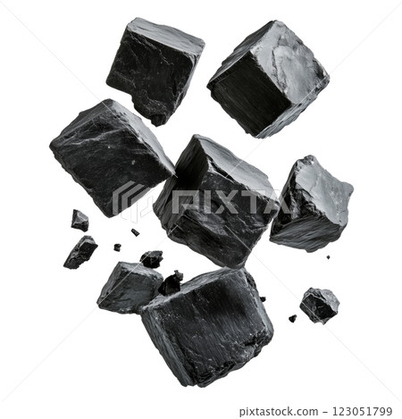 Black coal chunks isolated on a transparent background. Collection of raw coal pieces with a glossy texture, irregular shapes, and sharp edges. 123051799