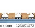 Open cardboard boxes moving on conveyor belt in a warehouse 123051872