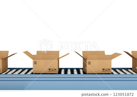 Open cardboard boxes moving on conveyor belt in a warehouse 123051872